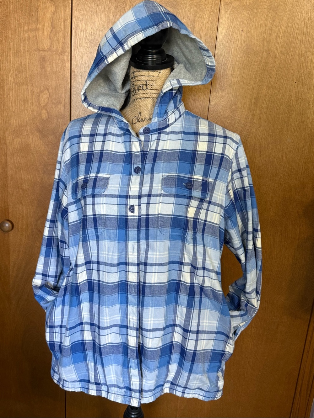 L.L. Bean Blue Plaid Hooded Flannel Shirt Jacket - Women’s Petite Large